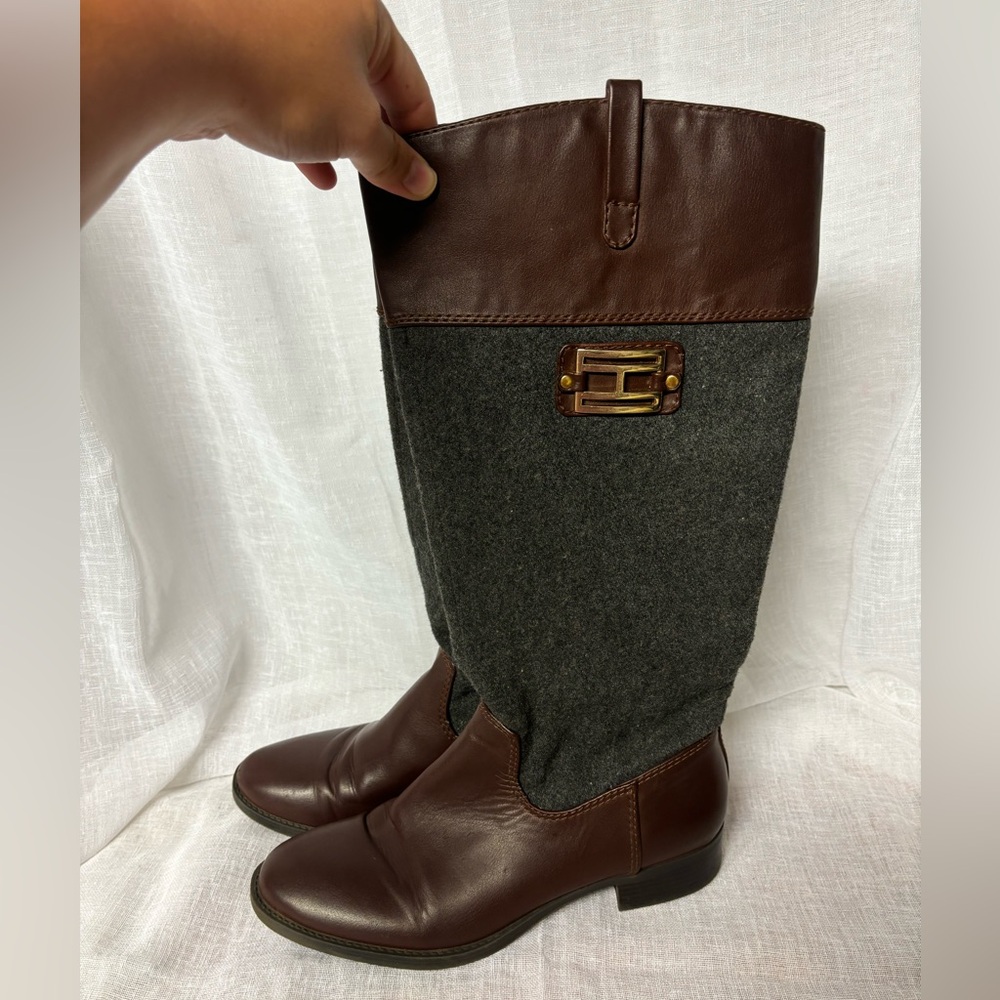 Tommy Hilfiger Brown & Charcoal Wool Grey Gold Buckle Knee-High Boots SZ 8.5